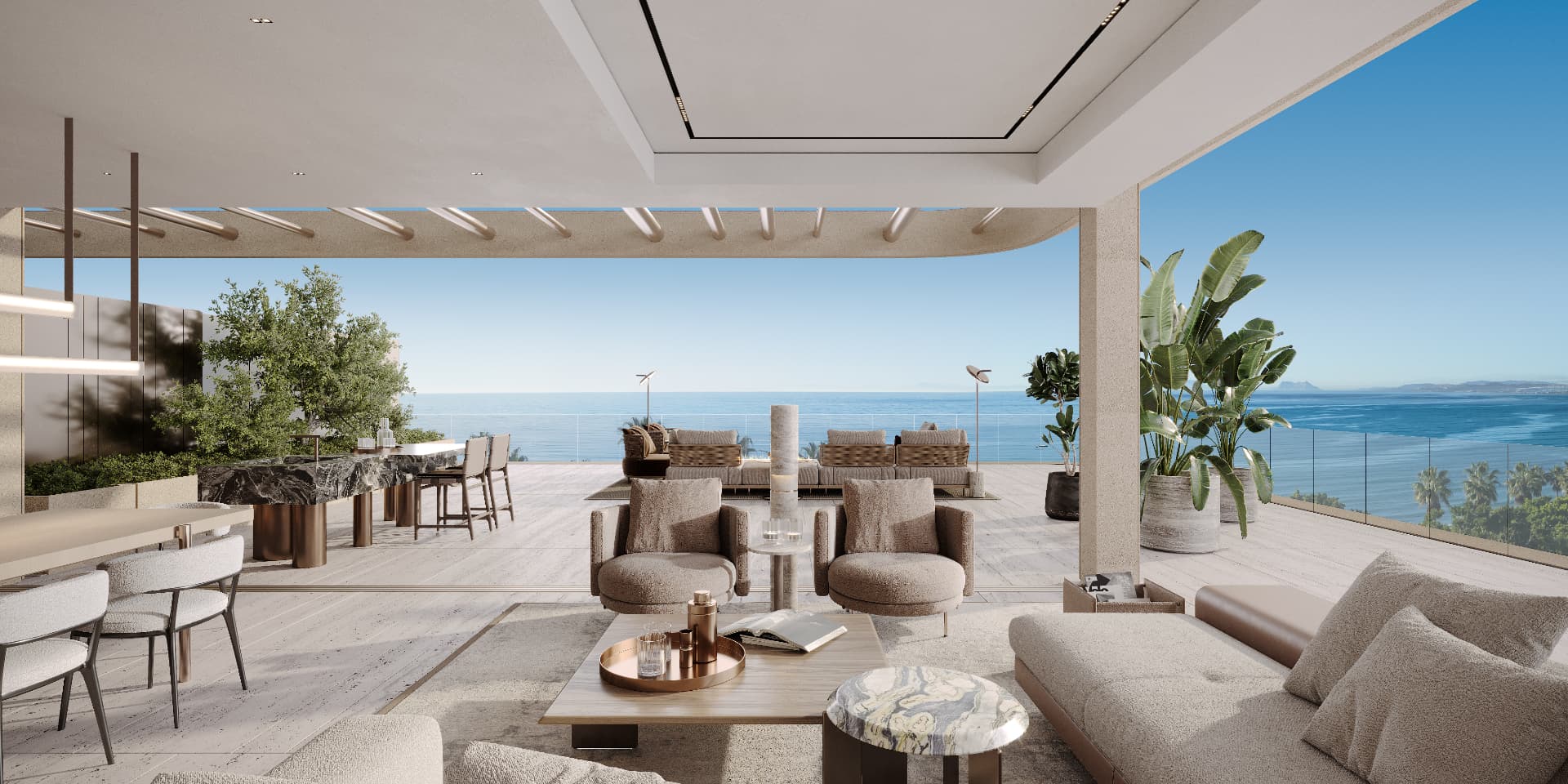 Open-plan living room with panoramic Mediterranean sea views